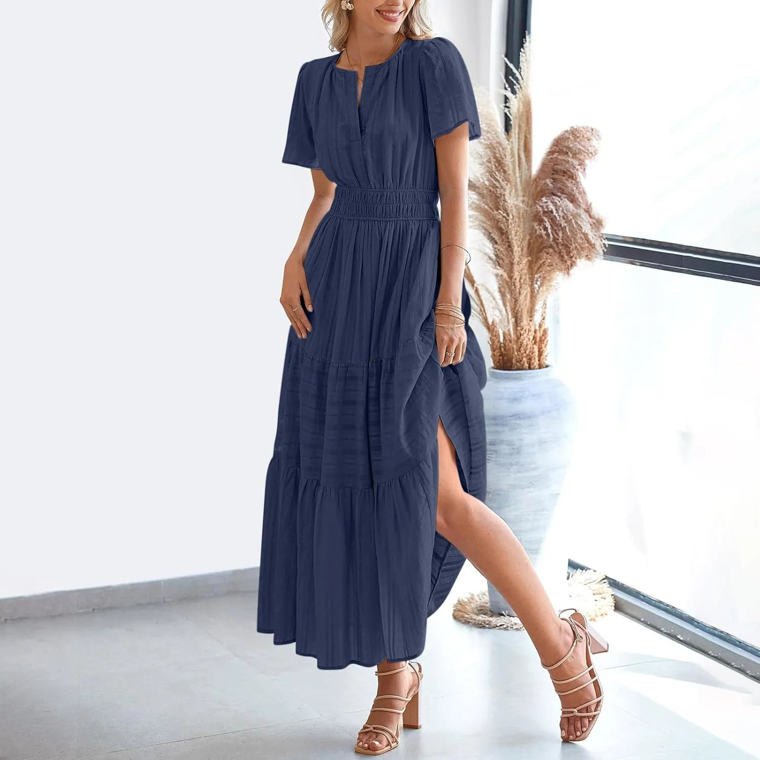 Women's Elegant Long Dress V Neck Short Sleeve A Line Flowy Dresses Empire Waist Tiered Maxi Party Dress Cruise Wear