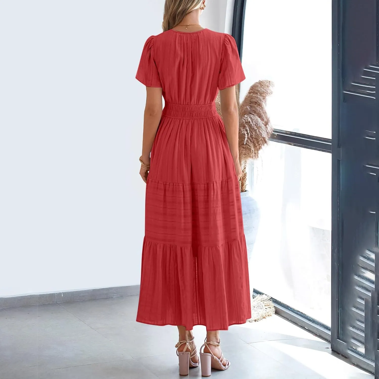 Women's Elegant Long Dress V Neck Short Sleeve A Line Flowy Dresses Empire Waist Tiered Maxi Party Dress Cruise Wear