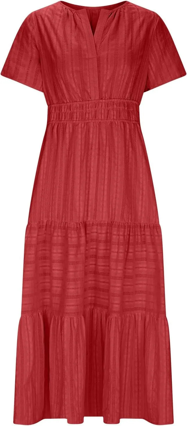 Women's Elegant Long Dress V Neck Short Sleeve A Line Flowy Dresses Empire Waist Tiered Maxi Party Dress Cruise Wear