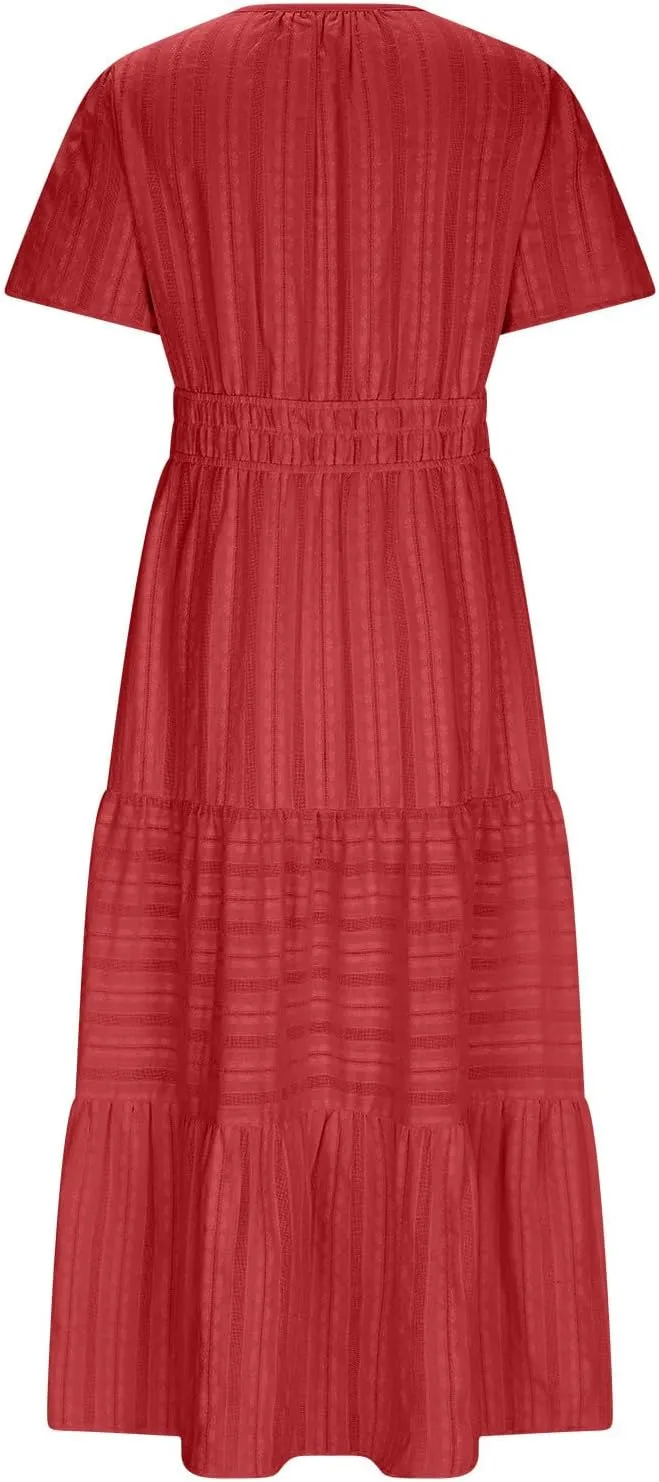 Women's Elegant Long Dress V Neck Short Sleeve A Line Flowy Dresses Empire Waist Tiered Maxi Party Dress Cruise Wear