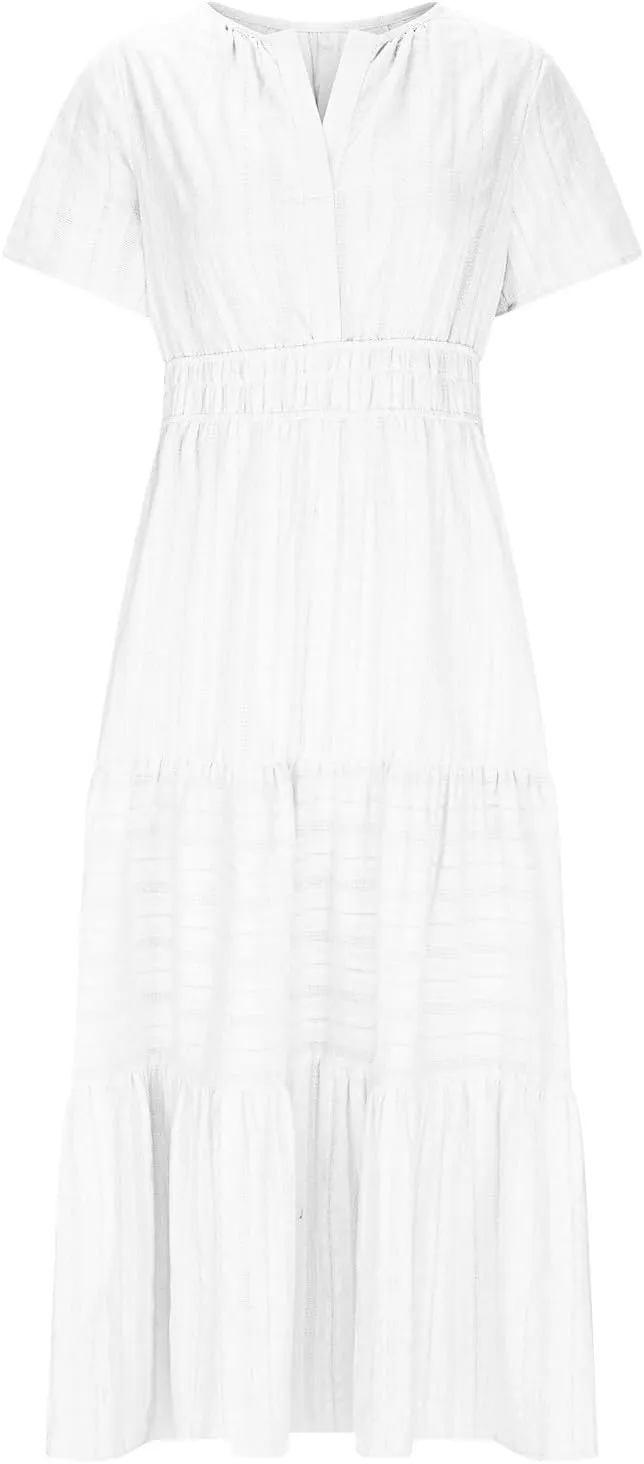Women's Elegant Long Dress V Neck Short Sleeve A Line Flowy Dresses Empire Waist Tiered Maxi Party Dress Cruise Wear
