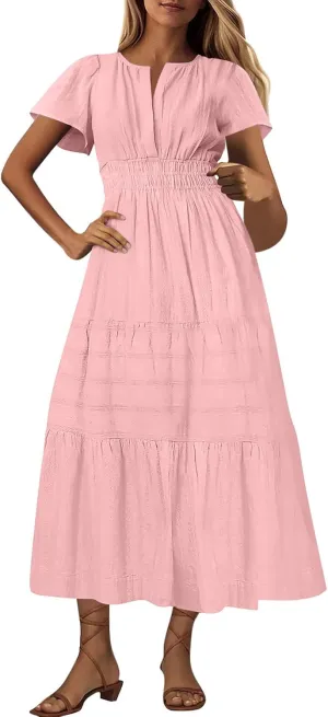 Women's Elegant Long Dress V Neck Short Sleeve A Line Flowy Dresses Empire Waist Tiered Maxi Party Dress Cruise Wear