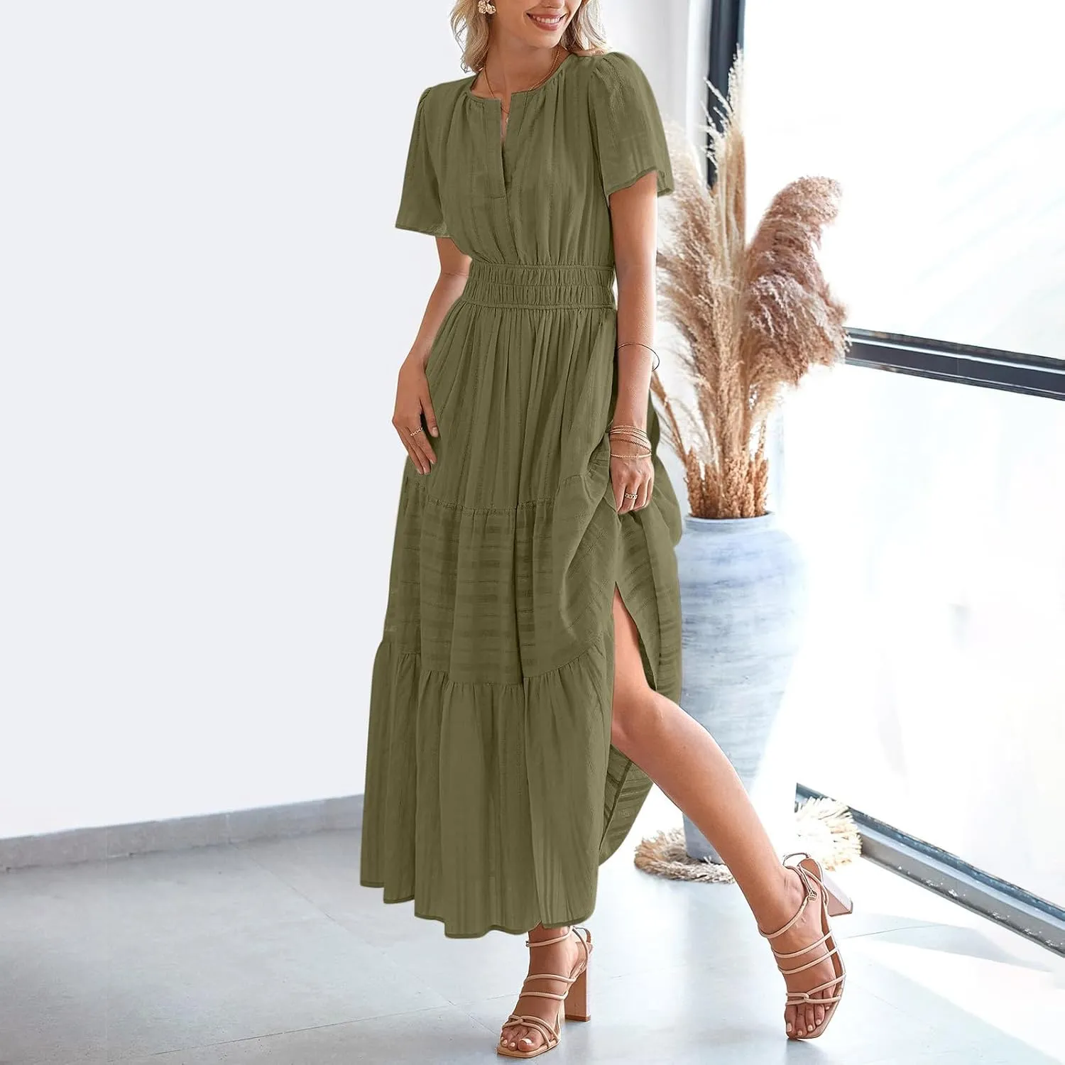 Women's Elegant Long Dress V Neck Short Sleeve A Line Flowy Dresses Empire Waist Tiered Maxi Party Dress Cruise Wear