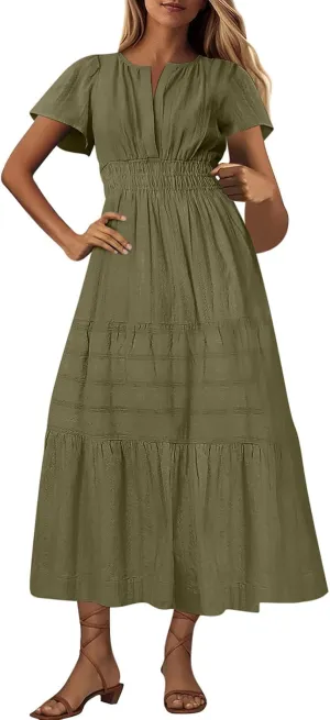 Women's Elegant Long Dress V Neck Short Sleeve A Line Flowy Dresses Empire Waist Tiered Maxi Party Dress Cruise Wear