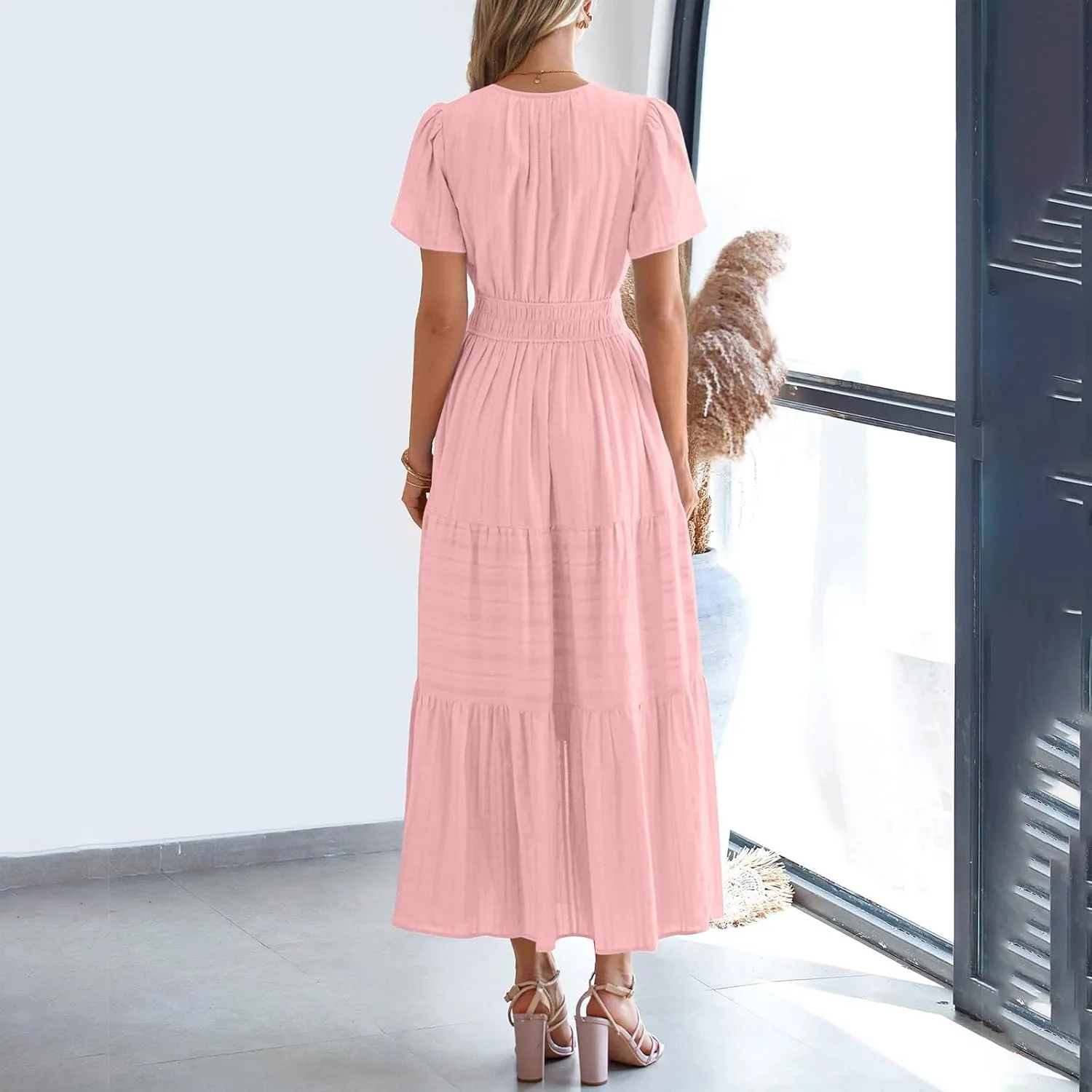 Women's Elegant Long Dress V Neck Short Sleeve A Line Flowy Dresses Empire Waist Tiered Maxi Party Dress Cruise Wear