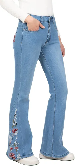 Women's Embroidered Bell Bottom Jeans Stretch Flared Fit Wide Leg Denim Pants