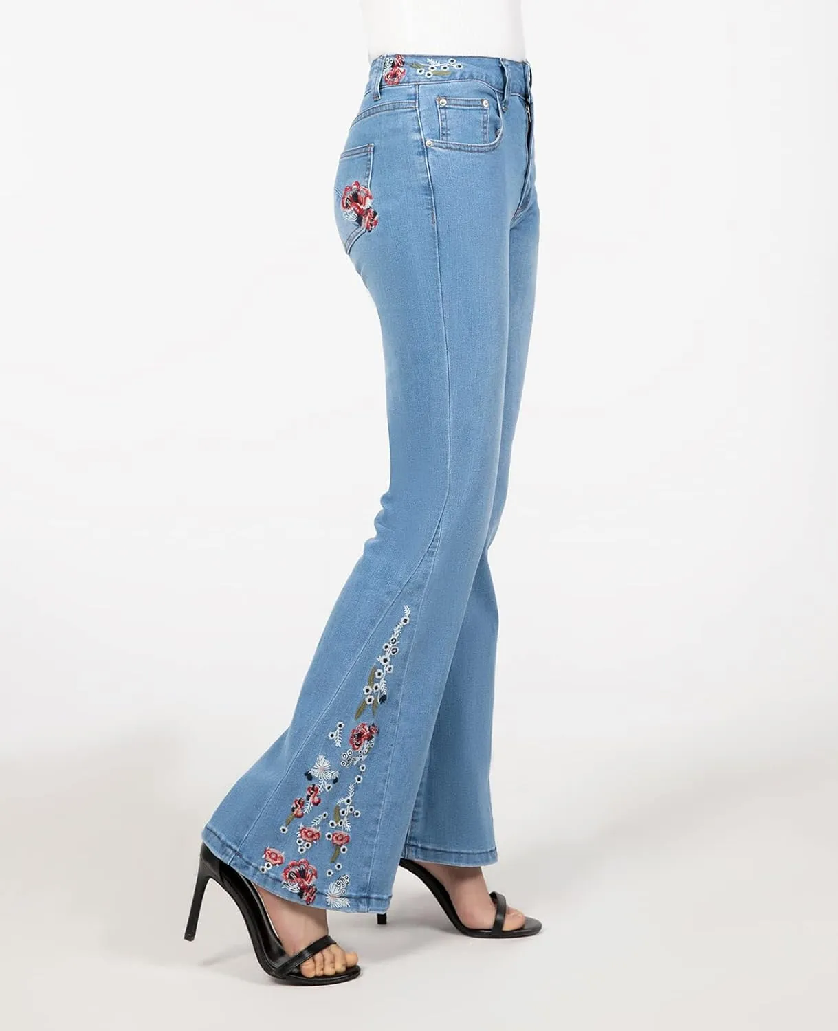Women's Embroidered Bell Bottom Jeans Stretch Flared Fit Wide Leg Denim Pants