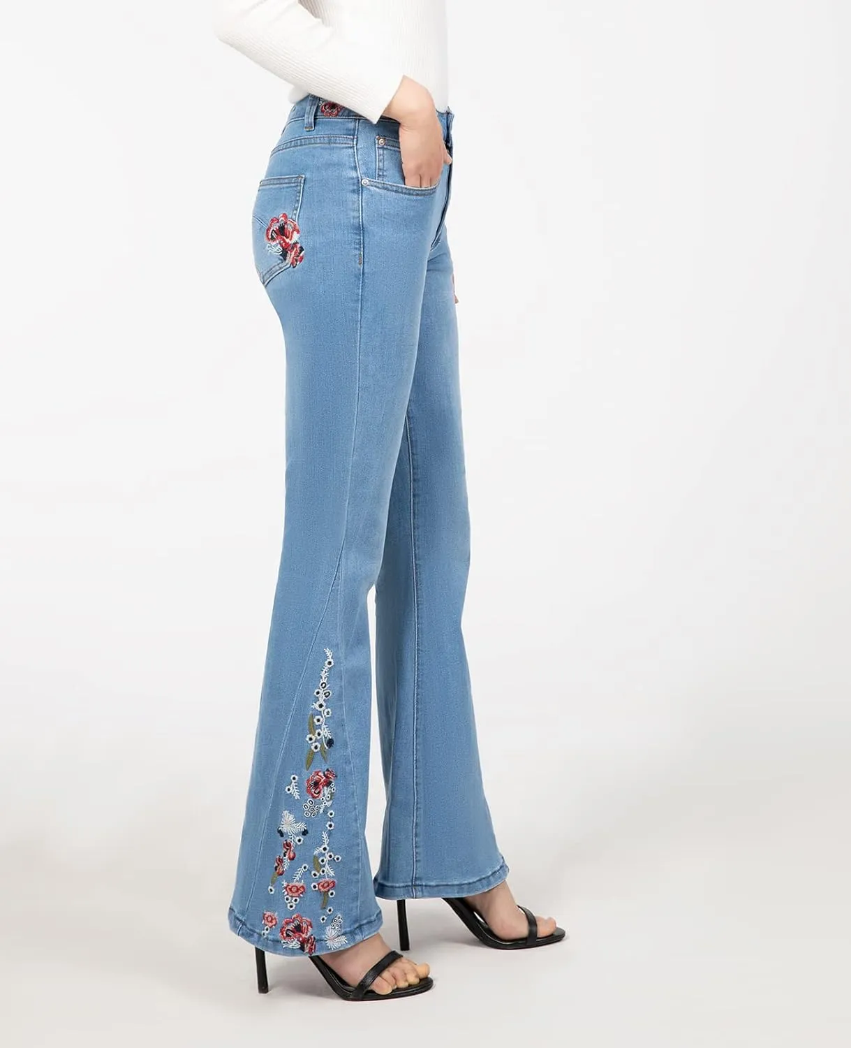 Women's Embroidered Bell Bottom Jeans Stretch Flared Fit Wide Leg Denim Pants