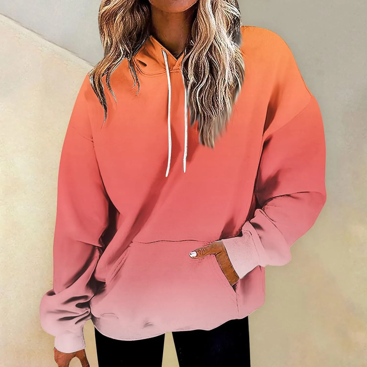 Womens Fall Fashion Hoodies Long Sleeve Hooded Drawstring Sweatshirt Gradient Printed Graphic Daily Pullover Tops