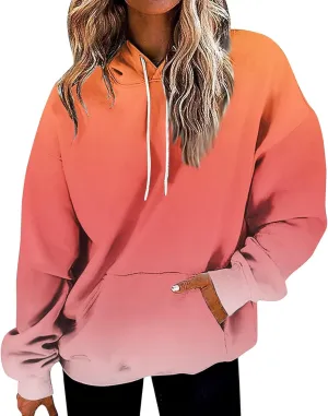 Womens Fall Fashion Hoodies Long Sleeve Hooded Drawstring Sweatshirt Gradient Printed Graphic Daily Pullover Tops