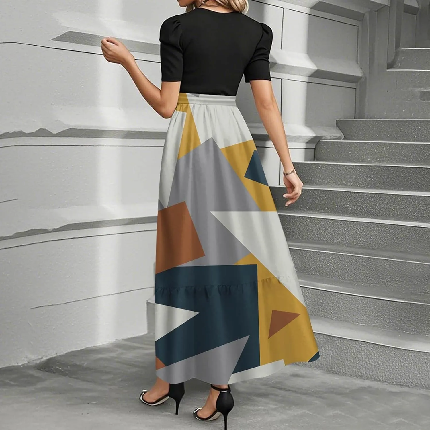 Women's Fashion Casual Belt Short Sleeve Round Neck Vintage Floral Pattern Elegant Flowy Dresses