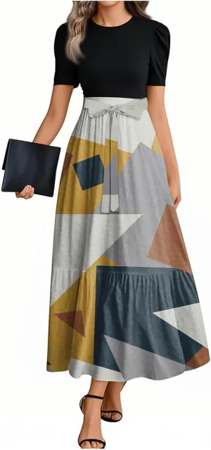 Women's Fashion Casual Belt Short Sleeve Round Neck Vintage Floral Pattern Elegant Flowy Dresses