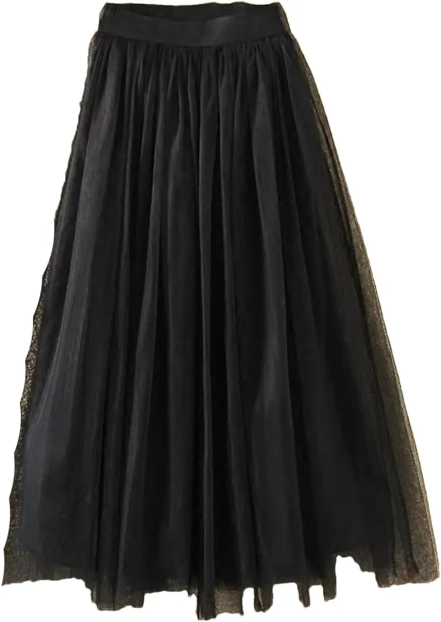 Women's Fashion Gauze Skirt High-Waisted Mid-Length A-Line Skirt Versatile Mesh Puff Skirts