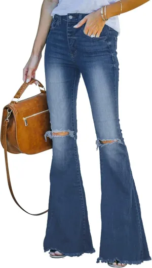 Women's Flare Bell Bottom Jeans Ripped Raw Hem Flared Legs Stretch Denim Pants