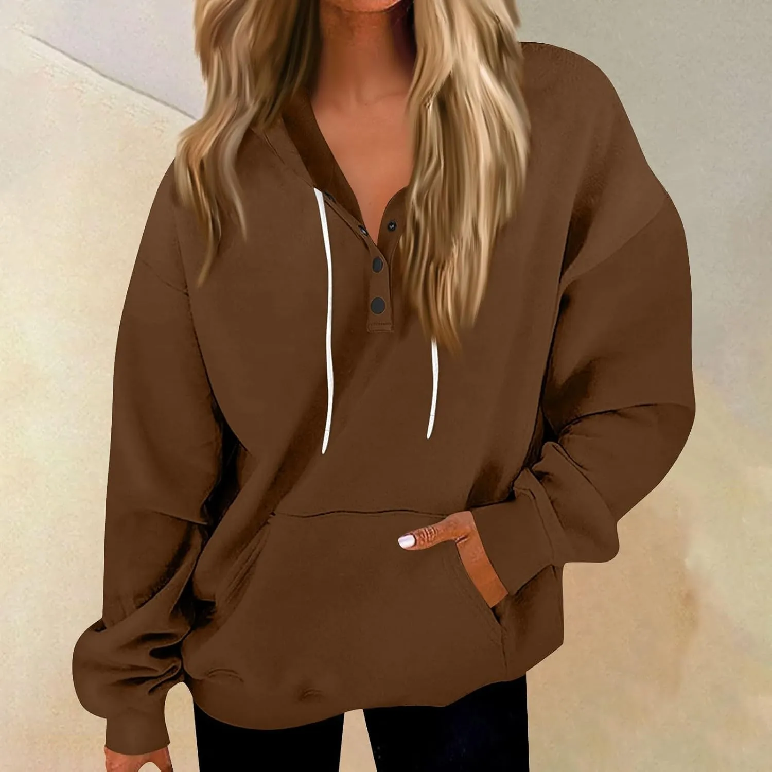 Womens Fleece Button Oversized Sweatshirt Drawstring Lightweight Baggy Hoodie Drop Shoulder Hooded Pullover w/Pockets