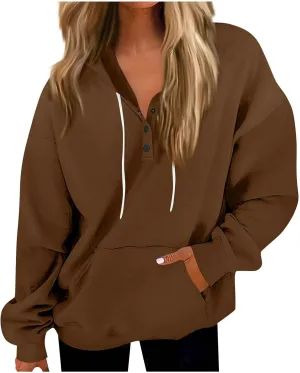 Womens Fleece Button Oversized Sweatshirt Drawstring Lightweight Baggy Hoodie Drop Shoulder Hooded Pullover w/Pockets