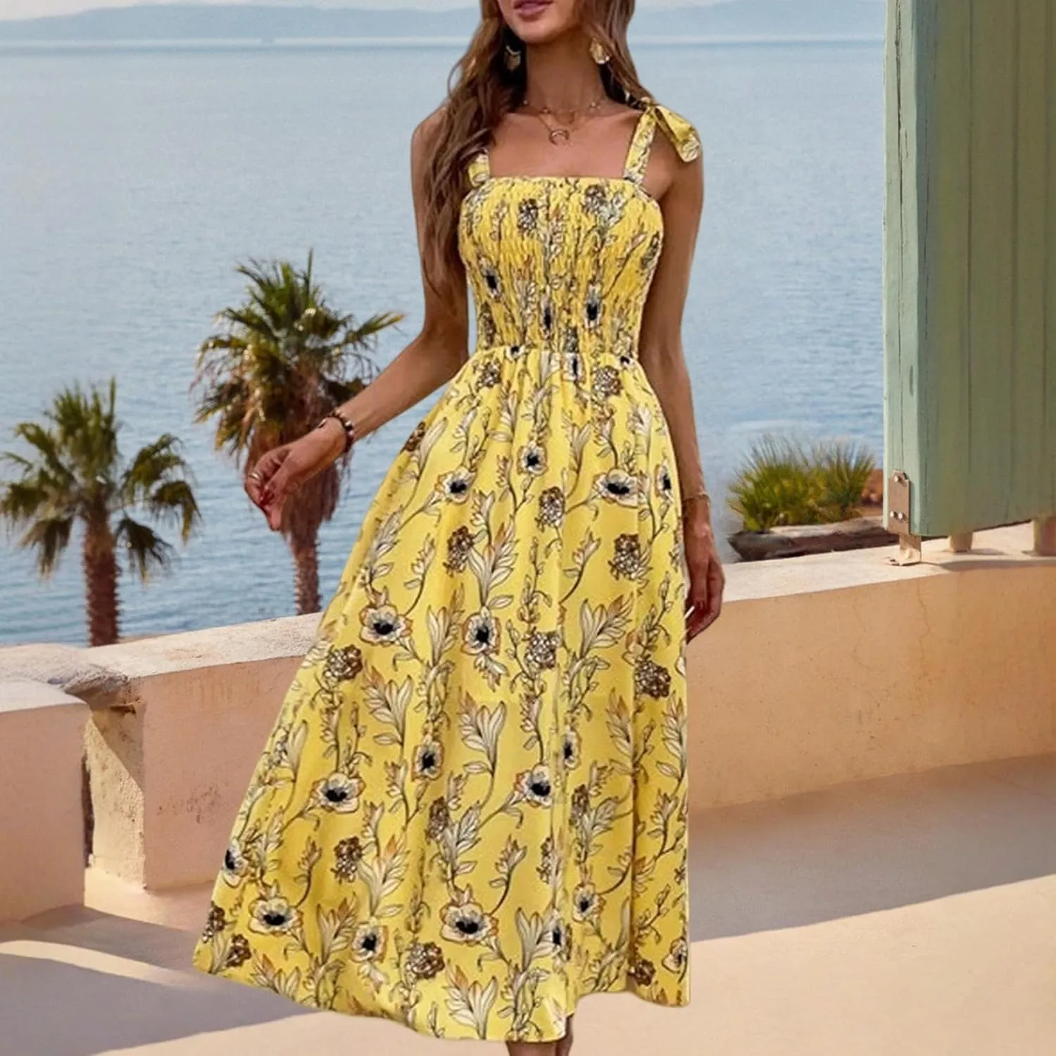 Womens Floral Dresses Summer Sexy Adjustable Spaghetti Strap Off Shoulder Dress Trendy Flowy Tunic Beach Sundress