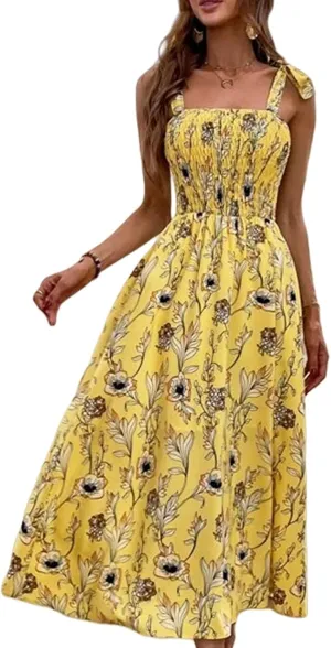 Womens Floral Dresses Summer Sexy Adjustable Spaghetti Strap Off Shoulder Dress Trendy Flowy Tunic Beach Sundress