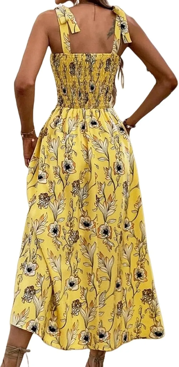 Womens Floral Dresses Summer Sexy Adjustable Spaghetti Strap Off Shoulder Dress Trendy Flowy Tunic Beach Sundress