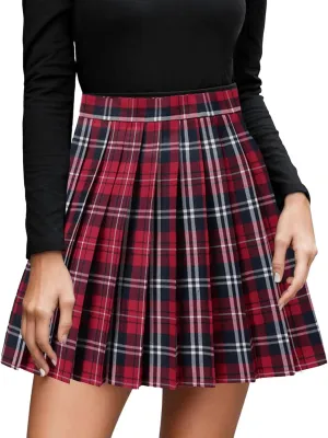 Womens Girl High Waisted Pleated Tennis Skirt School A-Line Skirts Mini Plaid Skirt