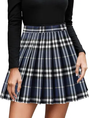 Womens Girl High Waisted Pleated Tennis Skirt School A-Line Skirts Mini Plaid Skirt