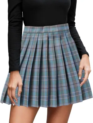 Womens Girl High Waisted Pleated Tennis Skirt School A-Line Skirts Mini Plaid Skirt