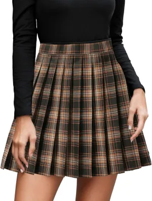 Womens Girl High Waisted Pleated Tennis Skirt School A-Line Skirts Mini Plaid Skirt