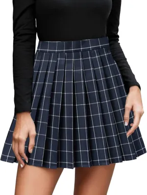 Womens Girl High Waisted Pleated Tennis Skirt School A-Line Skirts Mini Plaid Skirt