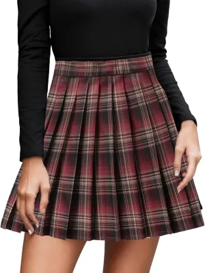Womens Girl High Waisted Pleated Tennis Skirt School A-Line Skirts Mini Plaid Skirt