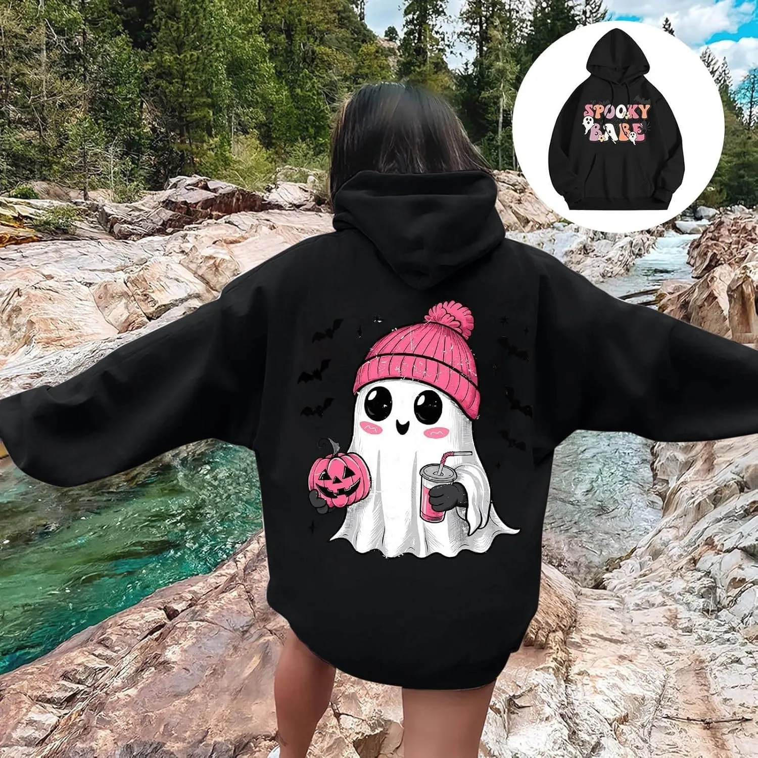 Womens Halloween Sweatshirt Cute Ghost Graphic Hoodies Funny Spooky Pumpkin Face Tops Fall Season Sweatshirts Clothes
