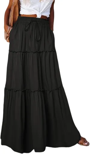 Womens High Waist A Line Ruffle Swing Long Maxi Skirt