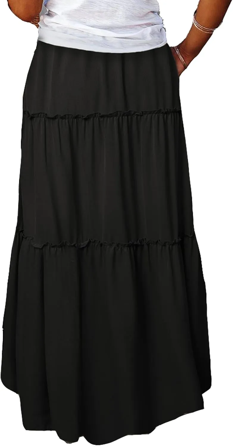 Womens High Waist A Line Ruffle Swing Long Maxi Skirt