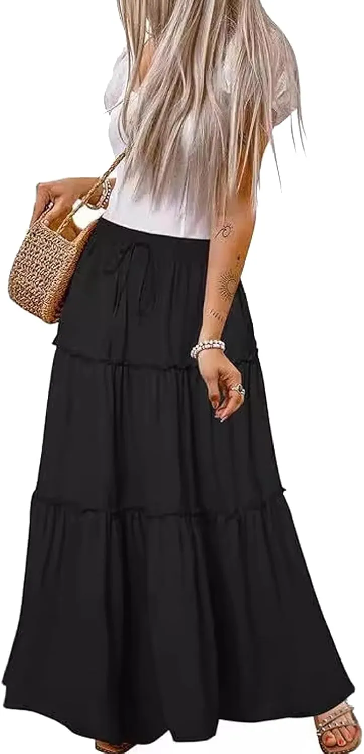 Womens High Waist A Line Ruffle Swing Long Maxi Skirt