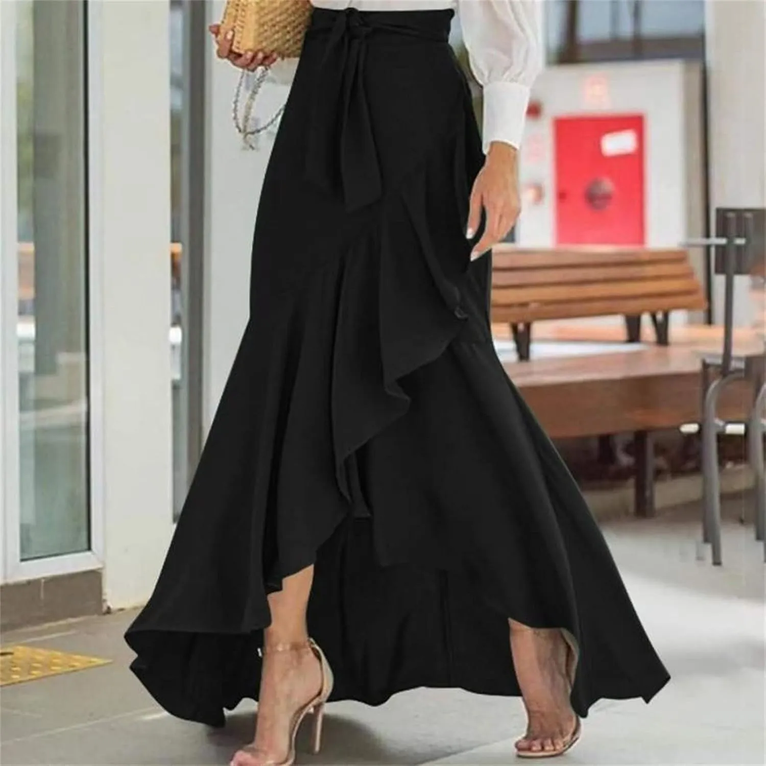 Women's High Waist Prom Party Skirts Plus Size Elegant Bodycon Ruffle Slit Maxi Skirt Flowy Evening Dresses