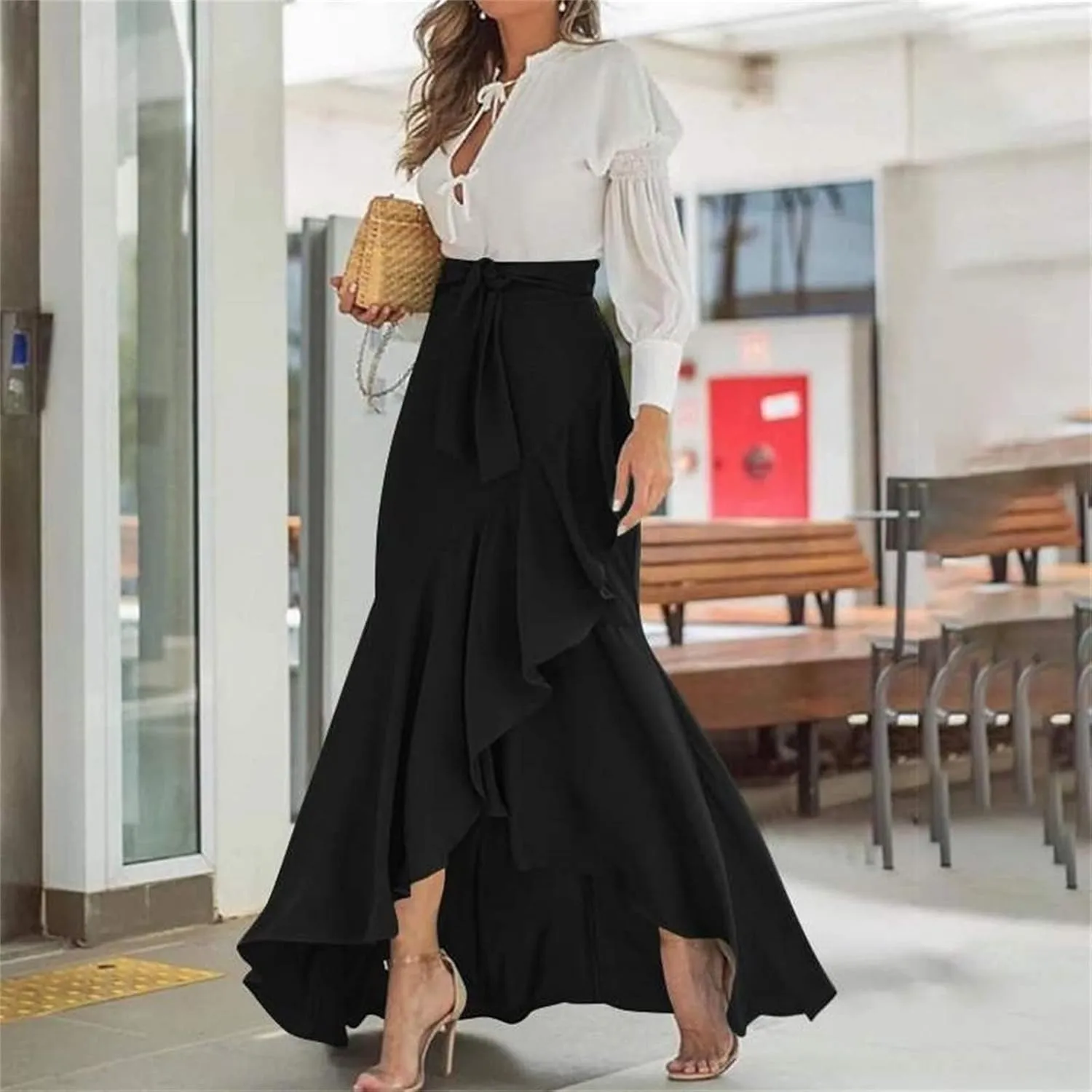 Women's High Waist Prom Party Skirts Plus Size Elegant Bodycon Ruffle Slit Maxi Skirt Flowy Evening Dresses