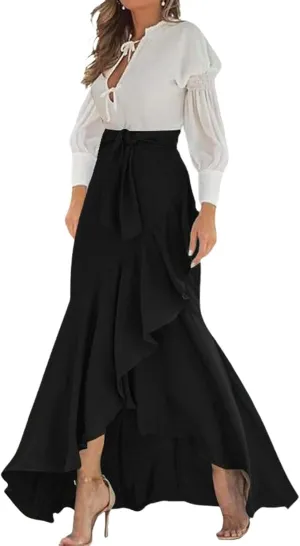 Women's High Waist Prom Party Skirts Plus Size Elegant Bodycon Ruffle Slit Maxi Skirt Flowy Evening Dresses