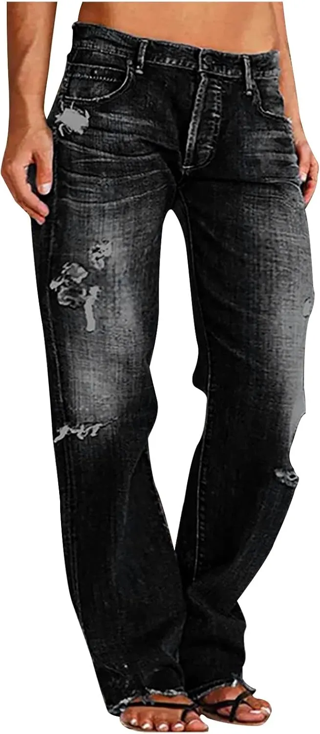 Womens High Waist Ripped Jeans Stretch Baggy Boyfriend Denim Pants Distressed Straight Leg Casual Loose Fit Jeans