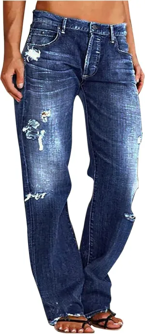 Womens High Waist Ripped Jeans Stretch Baggy Boyfriend Denim Pants Distressed Straight Leg Casual Loose Fit Jeans