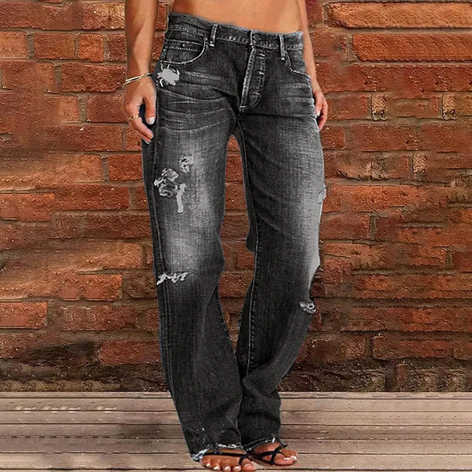 Womens High Waist Ripped Jeans Stretch Baggy Boyfriend Denim Pants Distressed Straight Leg Casual Loose Fit Jeans