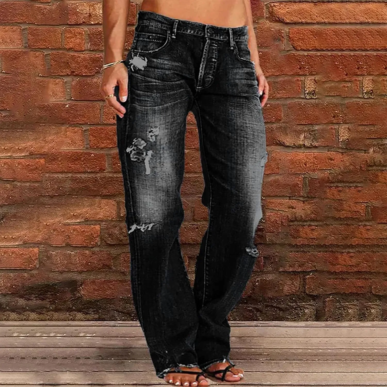 Womens High Waist Ripped Jeans Stretch Baggy Boyfriend Denim Pants Distressed Straight Leg Casual Loose Fit Jeans