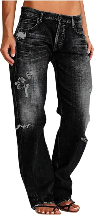 Womens High Waist Ripped Jeans Stretch Baggy Boyfriend Denim Pants Distressed Straight Leg Casual Loose Fit Jeans