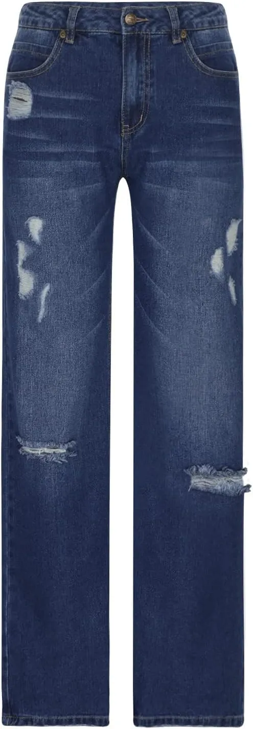 Womens High Waist Ripped Jeans Stretch Baggy Boyfriend Denim Pants Distressed Straight Leg Casual Loose Fit Jeans