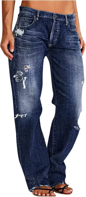 Womens High Waist Ripped Jeans Stretch Baggy Boyfriend Denim Pants Distressed Straight Leg Casual Loose Fit Jeans