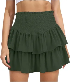 Women's High Waisted Active Short Skirts Layered Ruffle Pleated Stretch Waist Gym Workout Mini Skirt