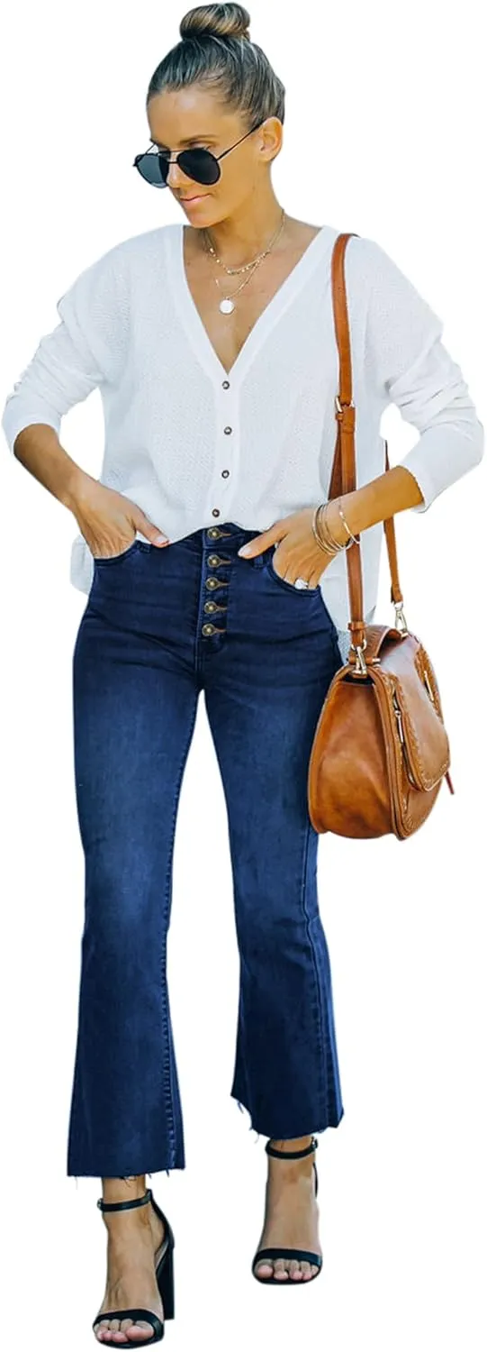 Women's High Waisted Crop Flare Jeans for Women Cropped Bell Bottom Jeans for Women Denim Pants with Live Hem