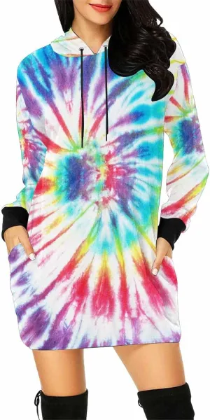 Womens Hoodies Bright Summer Zig Zag Tie Dye Bleed Womens Sweatshirt Dress Long Sleeve Hoodies Mini Dresses Casual Hoodie