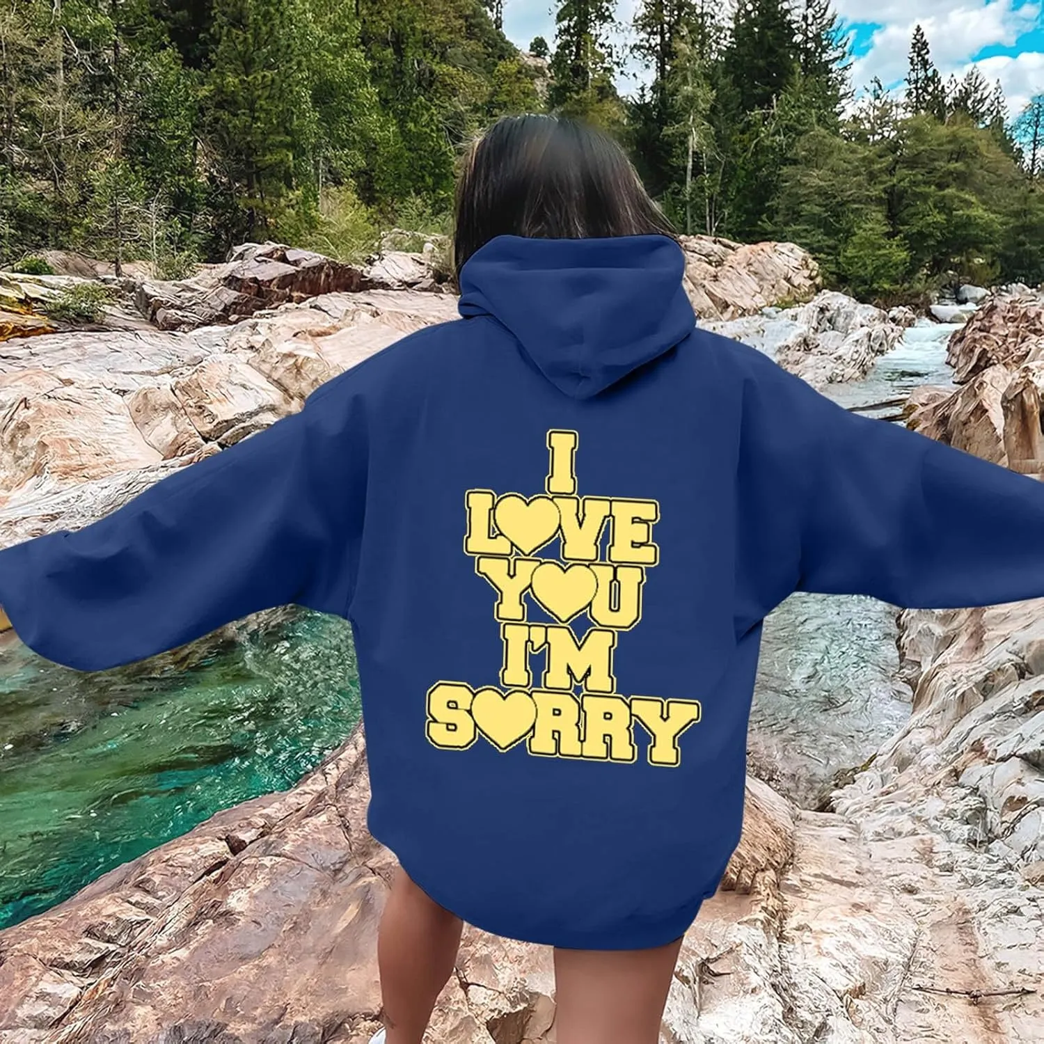 Womens I Love You I'm Sorry Letter Printed Front Back Fall Winter Hoodies Unisex Long Sleeve Hooded Sweatshirts