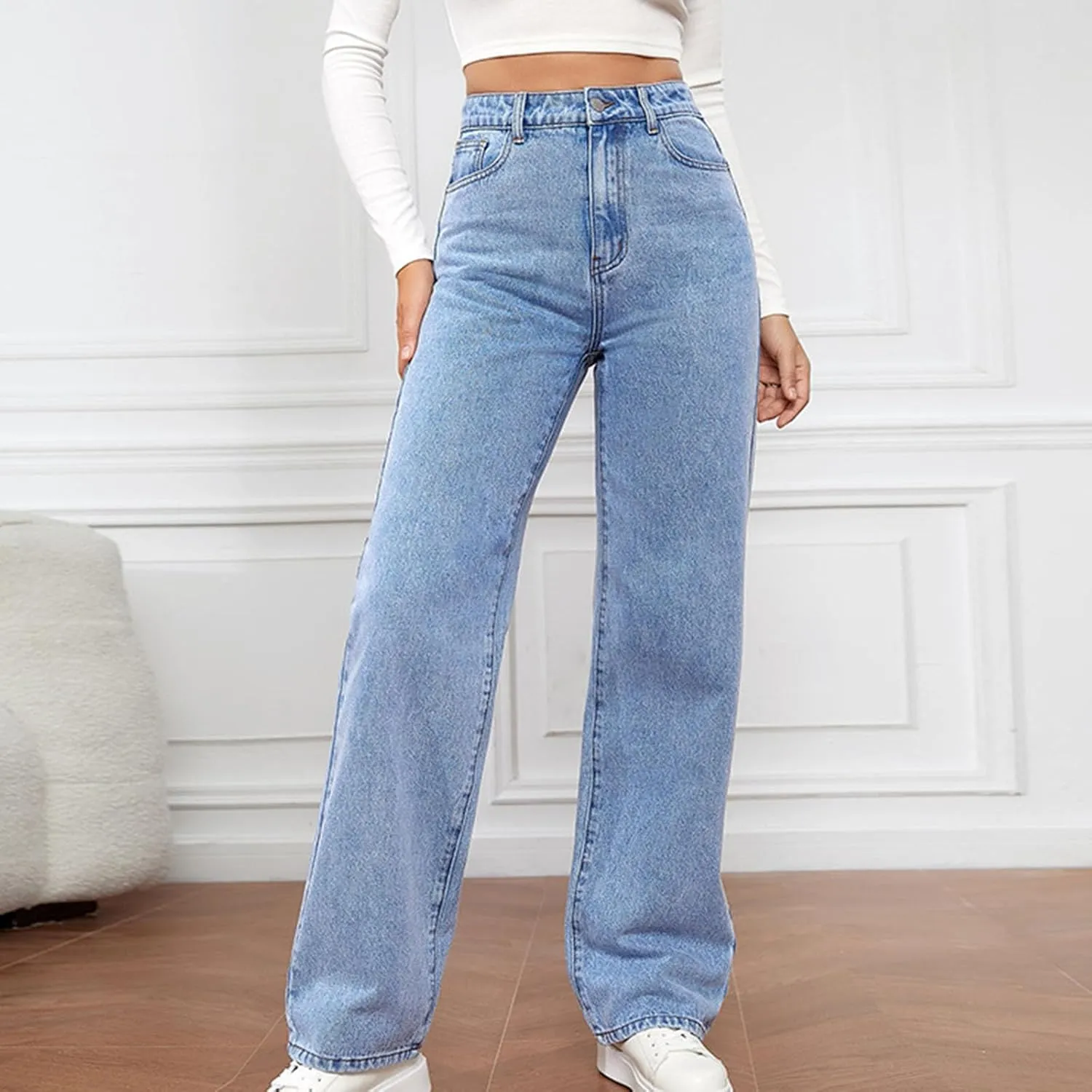 Womens Jeans High Waisted Straight Leg Pants Loose Stretchy Wide Leg Jeans with Pockets Casual Trendy Trousers