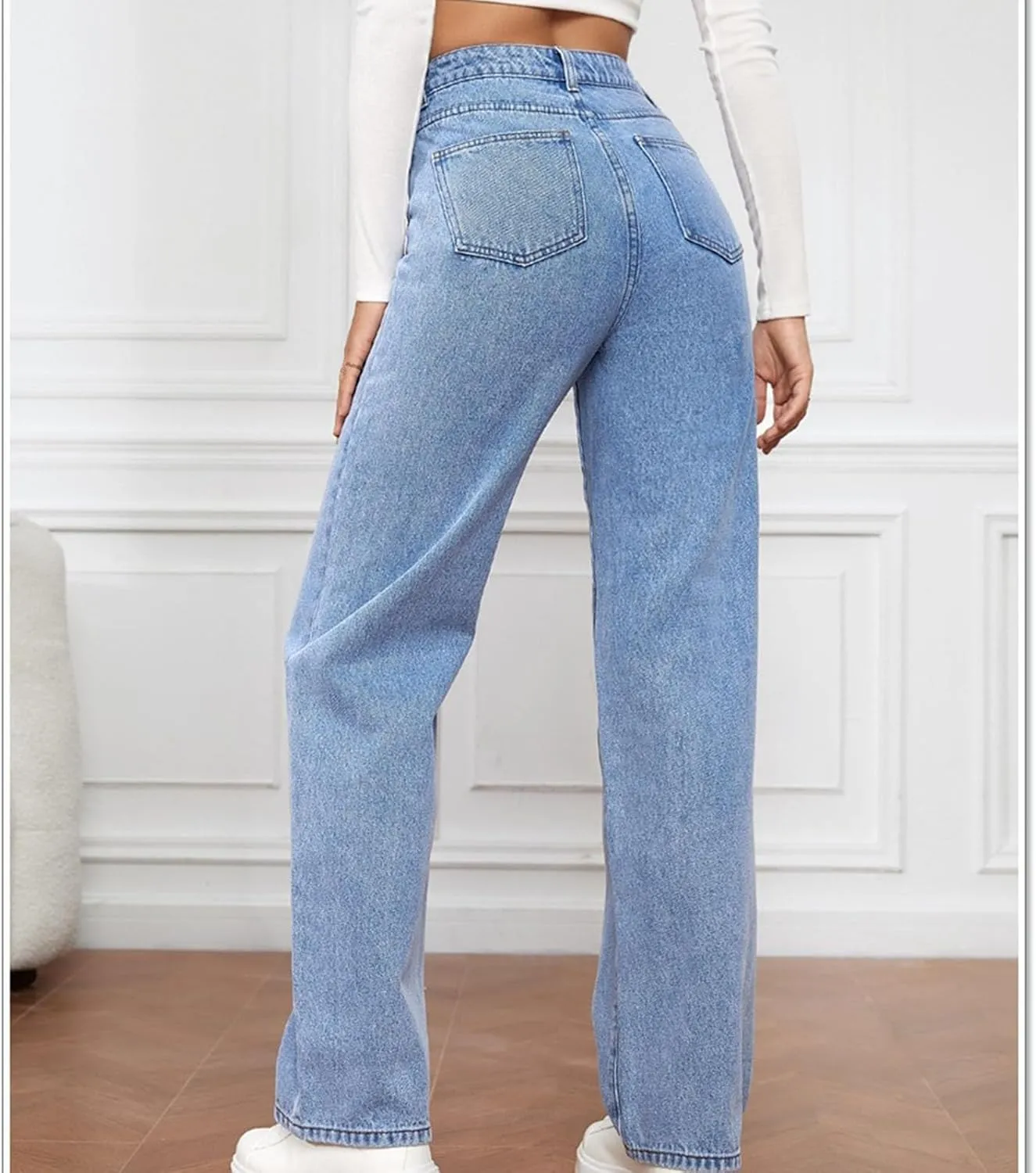 Womens Jeans High Waisted Straight Leg Pants Loose Stretchy Wide Leg Jeans with Pockets Casual Trendy Trousers