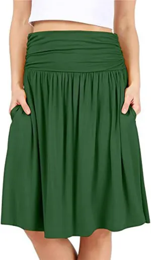 Womens Knee Length Skirts Summer Casual Pleated Flowy Skirt High Waist Solid Color Mini Skirts